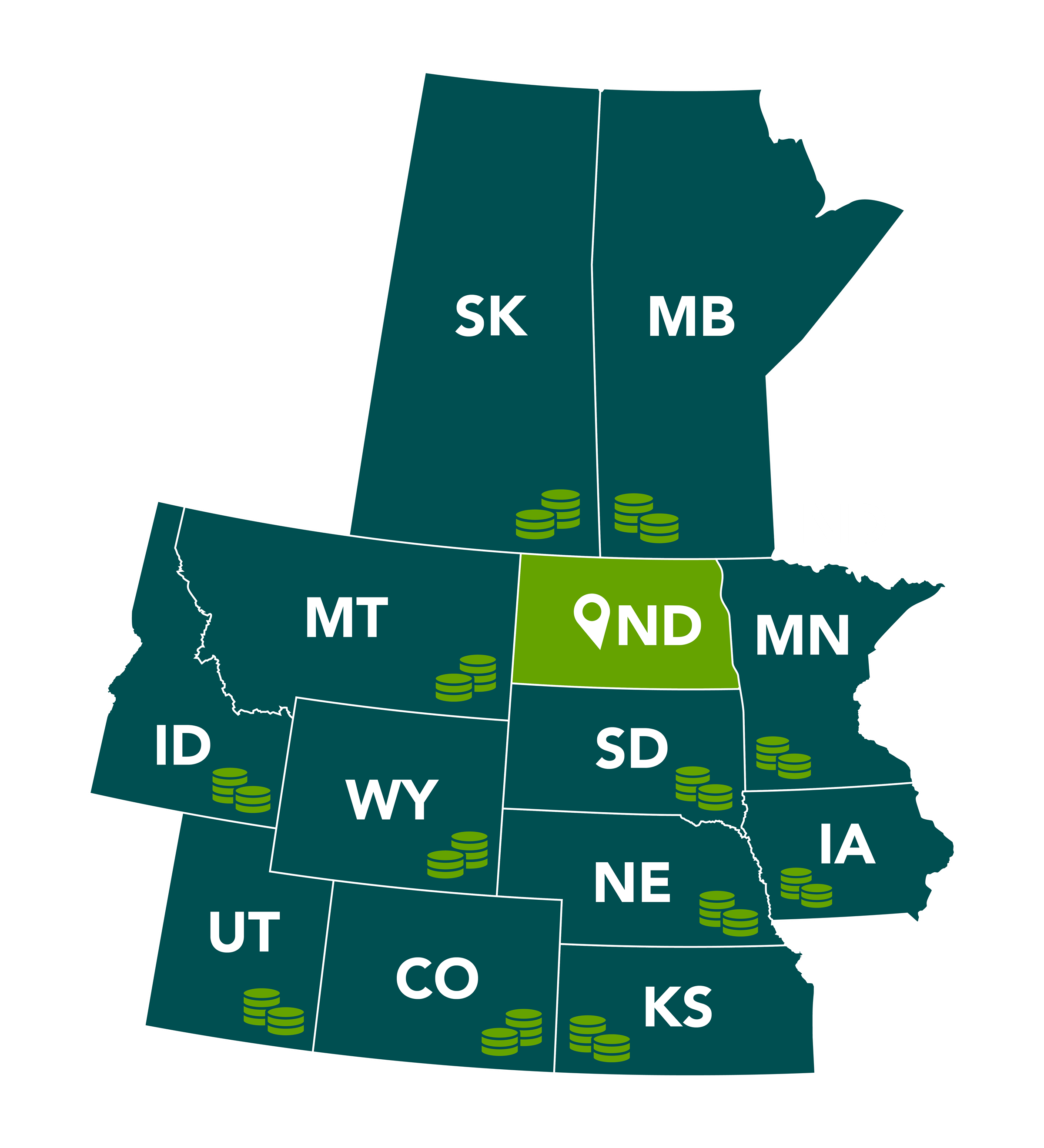 Map of 10 states and 2 provinces that receive in-state tuition.